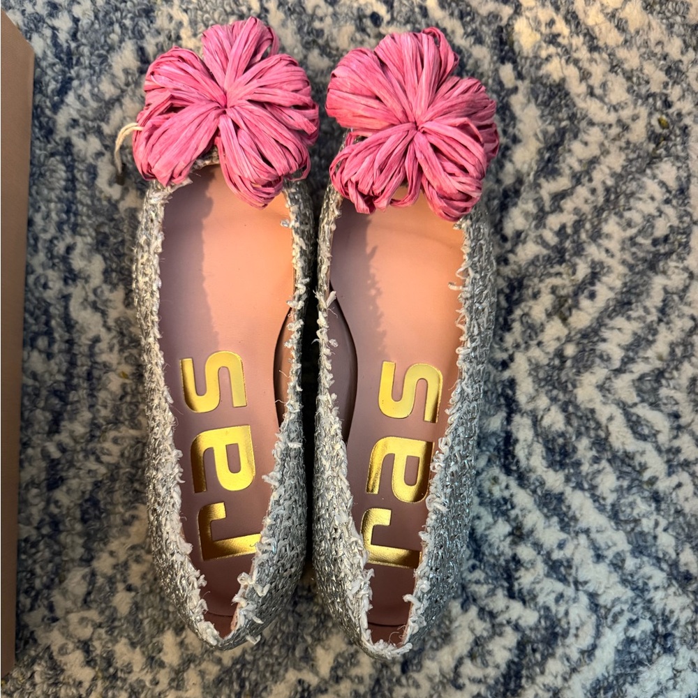 Ras Silver Tweed Flats w/ Pink Raffia Flower (EU 36)